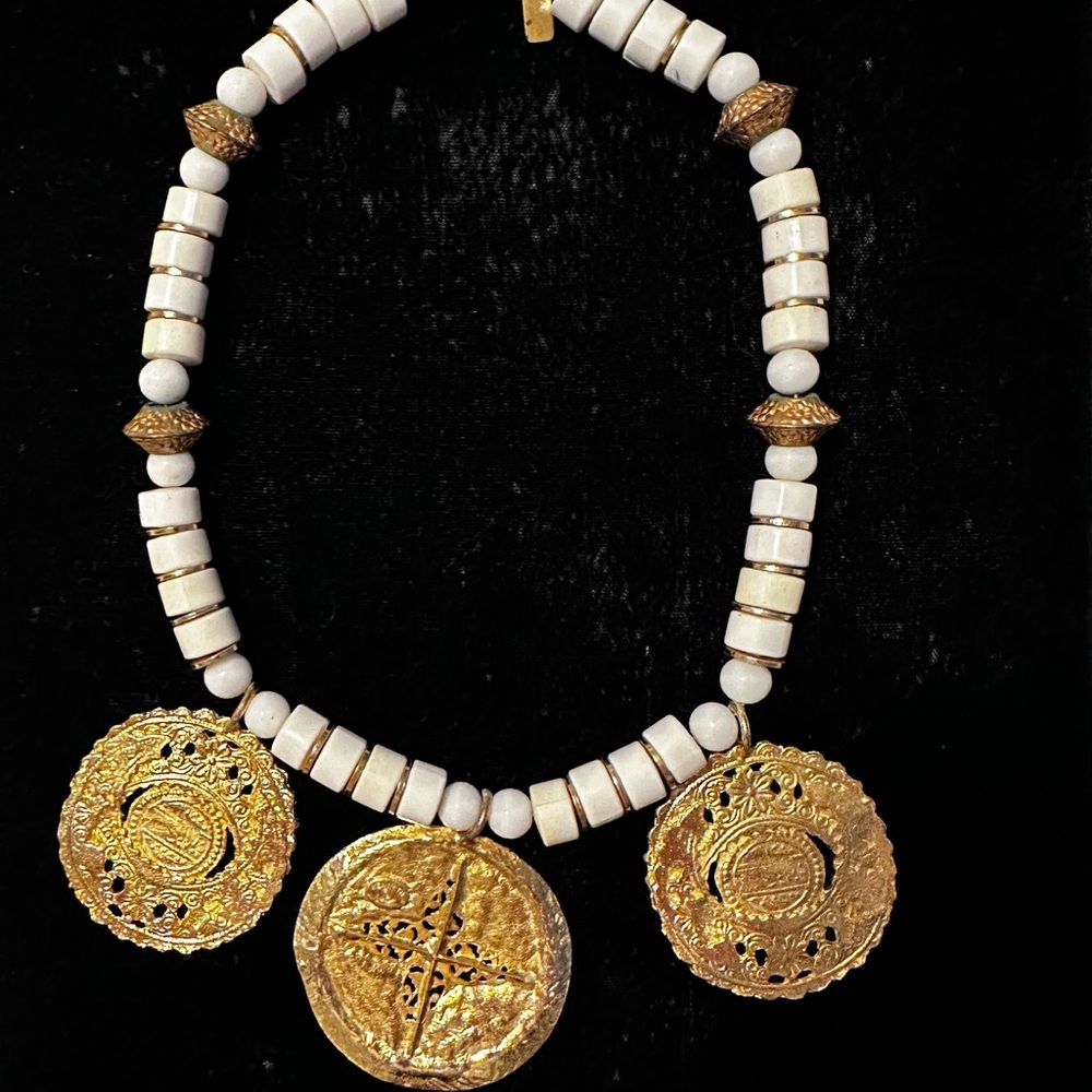 Kenneth Lane Gold tone and White Beaded Necklace with Intricate Pendants